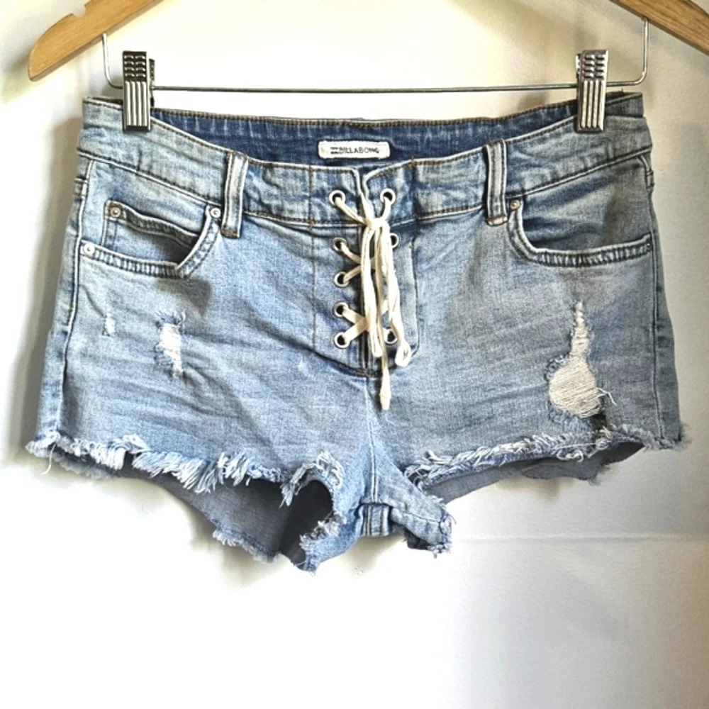 BILLABONG Lace-Up Denim Jean Shorts Light  Blue Distressed Size 26